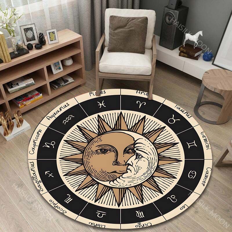 Multiple sizes Zodiac wheel with sun moon Print Round Carpet Living Room Bedroom Table Chair Sofa Decorative Carpet Luxury gifts