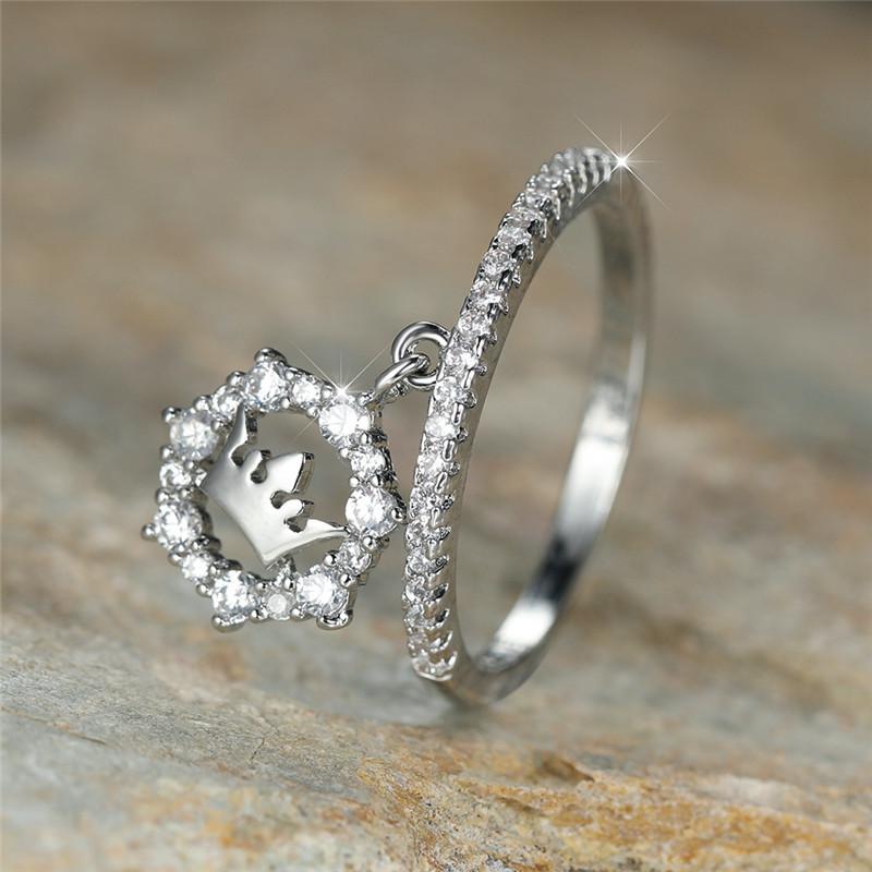 Queen King Crown Color Silvergold Rings For Women Female Cute Princess Crown Pendant Ring Stone Inlay Ring Engagement Wedding Band Ring