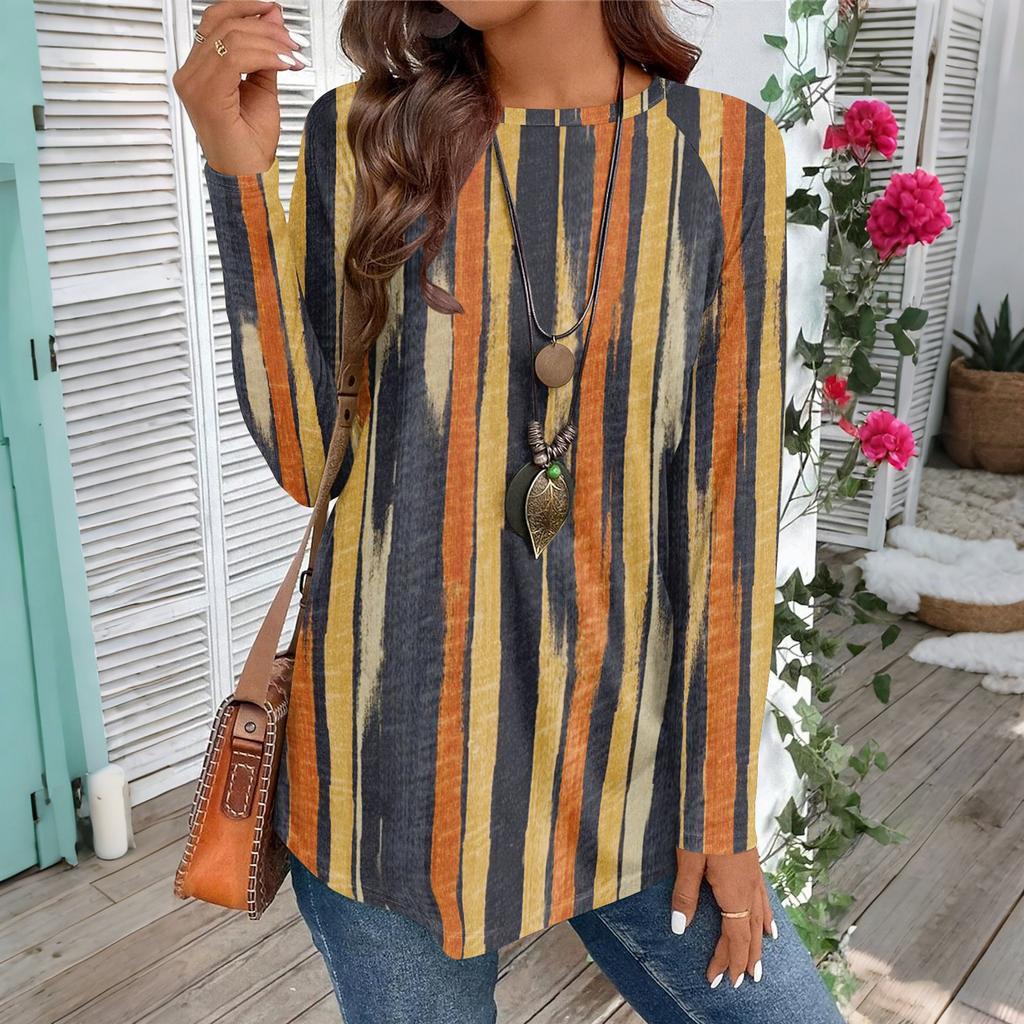 Женская повседневная футболка большого размера с длинными рукавами и круглым вырезом, винтажный этнический принт, топ-пуловер