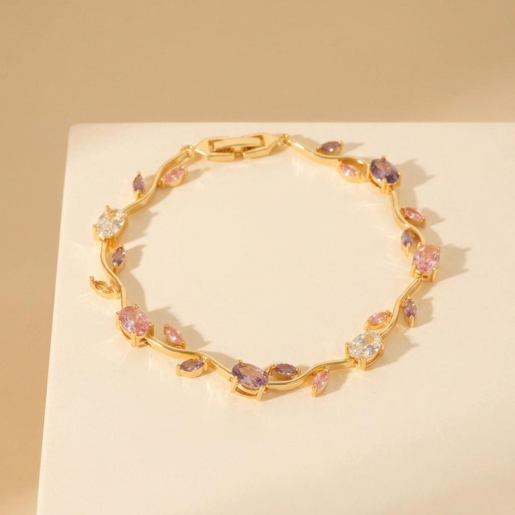316L Stainless Steel Bracelet, Wavy Link Chain with Oval Zircon Rainbow Multi Color Gold Silver Tone Waterproof Gift for Her