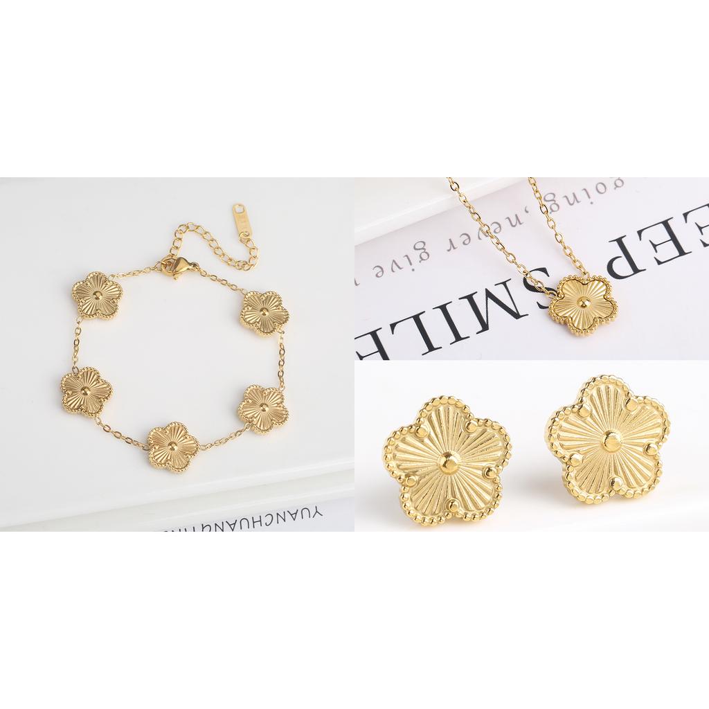 Plum Blossom Metal Laser Five Leaf Flower Bracelet Necklace Earrings for Women Gift Fashion Stainless Steel Clover Jewelry Set