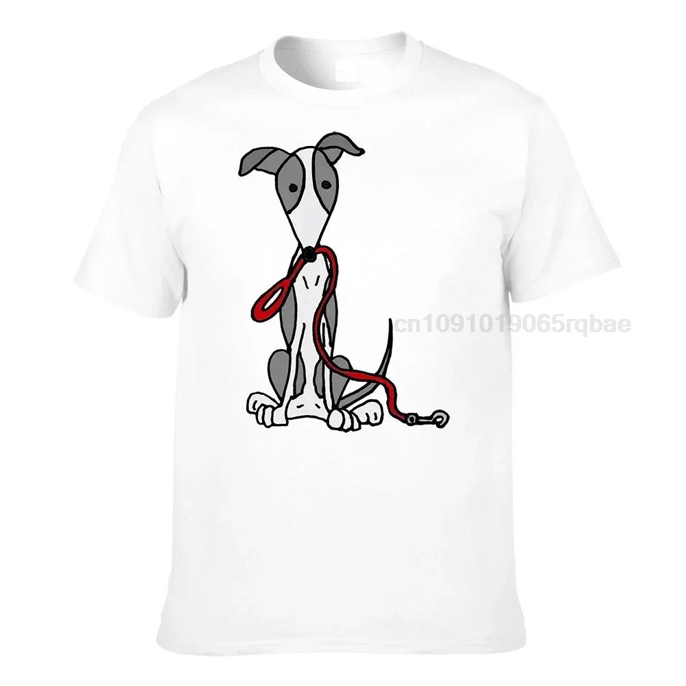 Funny Unisexs T Shirt Dark Grey Tshirts 100 Cotton Clothes Greyhound Dog With Red Leash Cartoon Tops Tees Summer Fall Tshirt