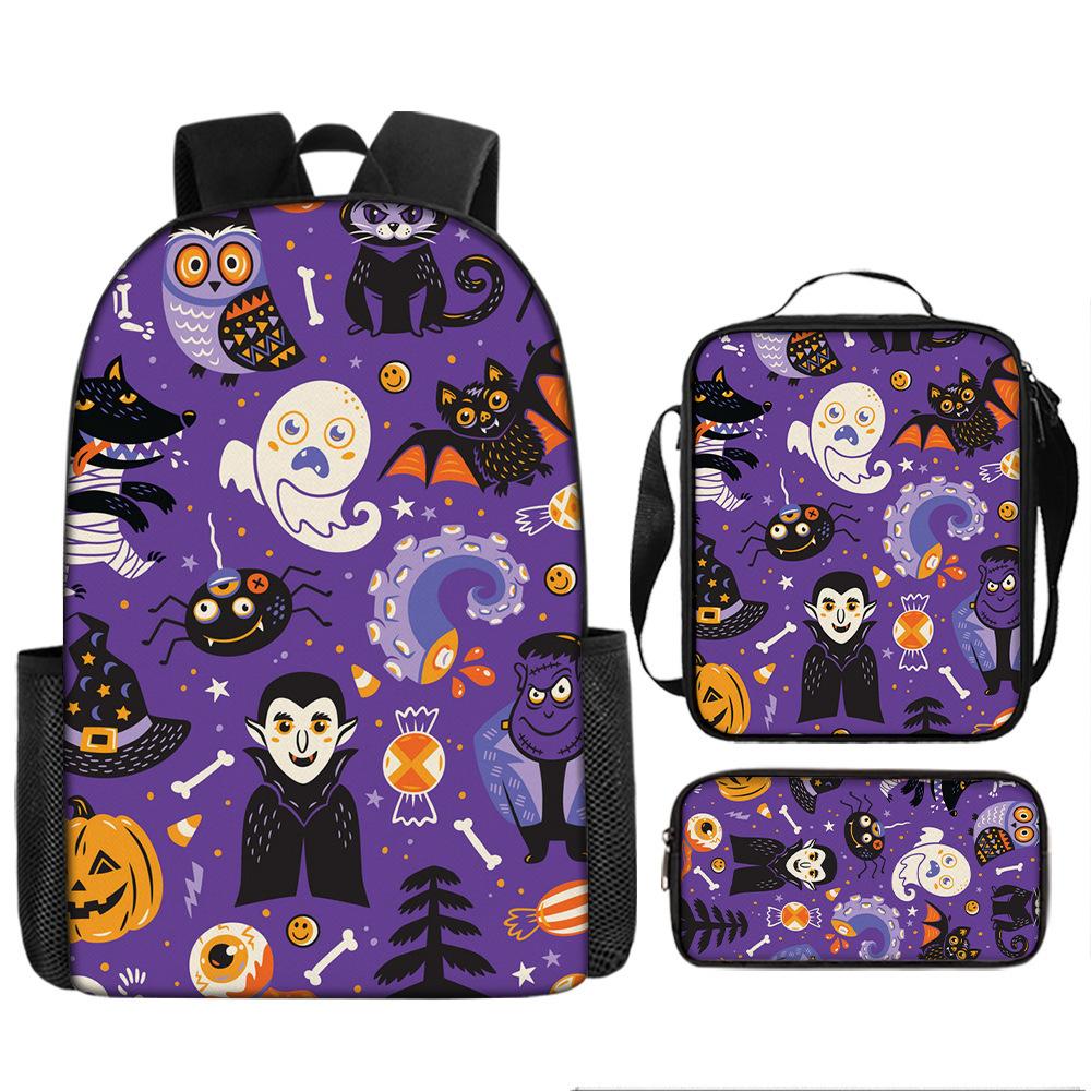 Halloween Backpack Pumpkin Ghost 3-Piece Set Schoolbag Kids Shoulder Bag Cute Bookbag for Boys Girls