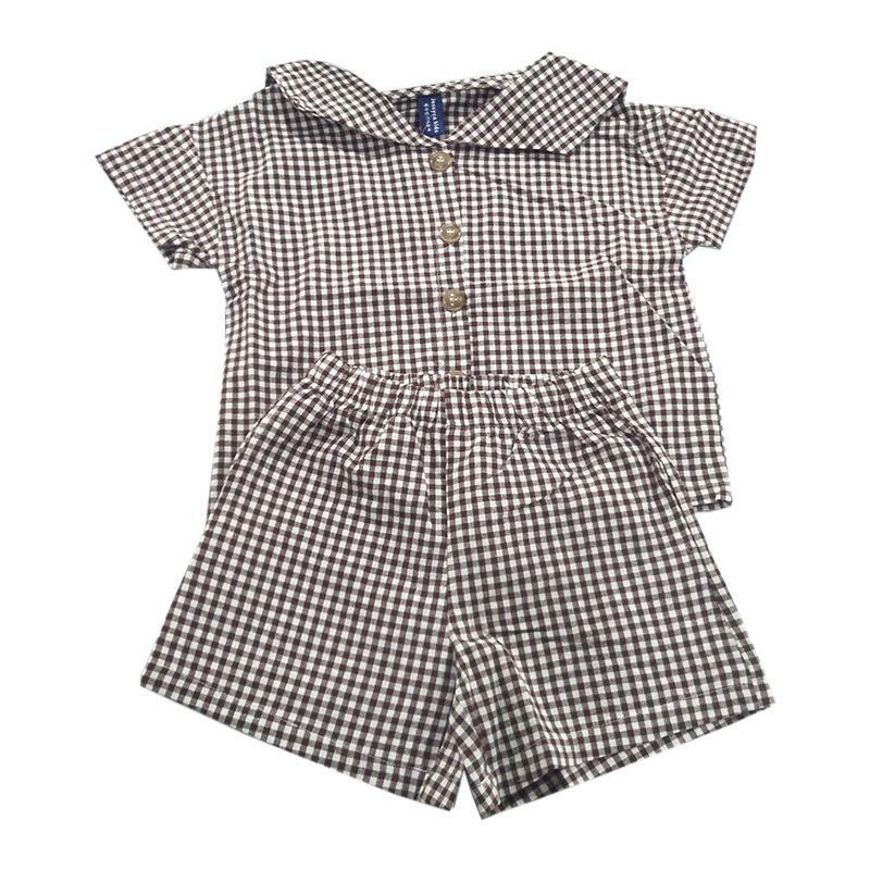 Модный детский клетчатый костюм с матросским воротником: Комплект из юбки на подтяжках для девочек и шорт для мальчиков
