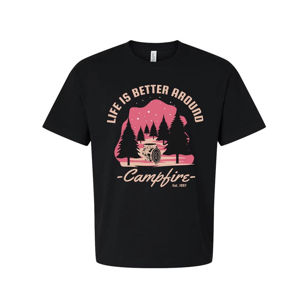 Unisex Outdoors Campfire Graphic T Shirt With Pine Forest Sunset Design For Adve