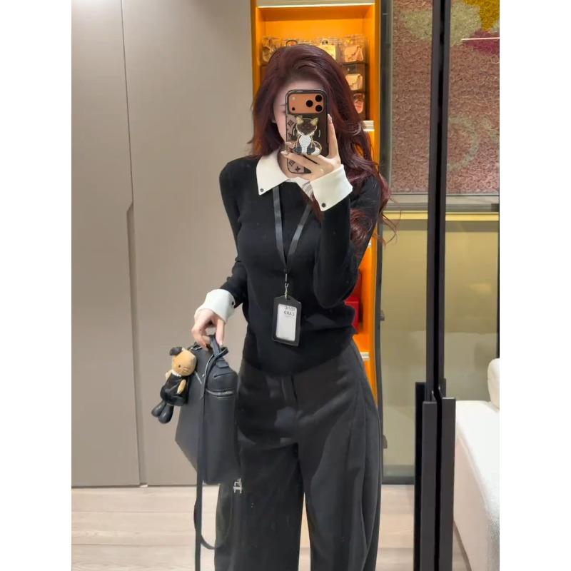 Высококачественный вязаный свитер с контрастным воротником и лацканами, осенне-зимний топ, приталенный крой, плечо-реглан, женский мягкий ворсистый свитер с длинным рукавом