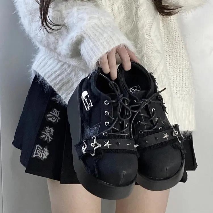 Women's Shoes Punk Metal Chain Chunky Platform Ankle Boots Autumn Thick Bottom Denim Boots Woman Black Gothic Lolita Shoes