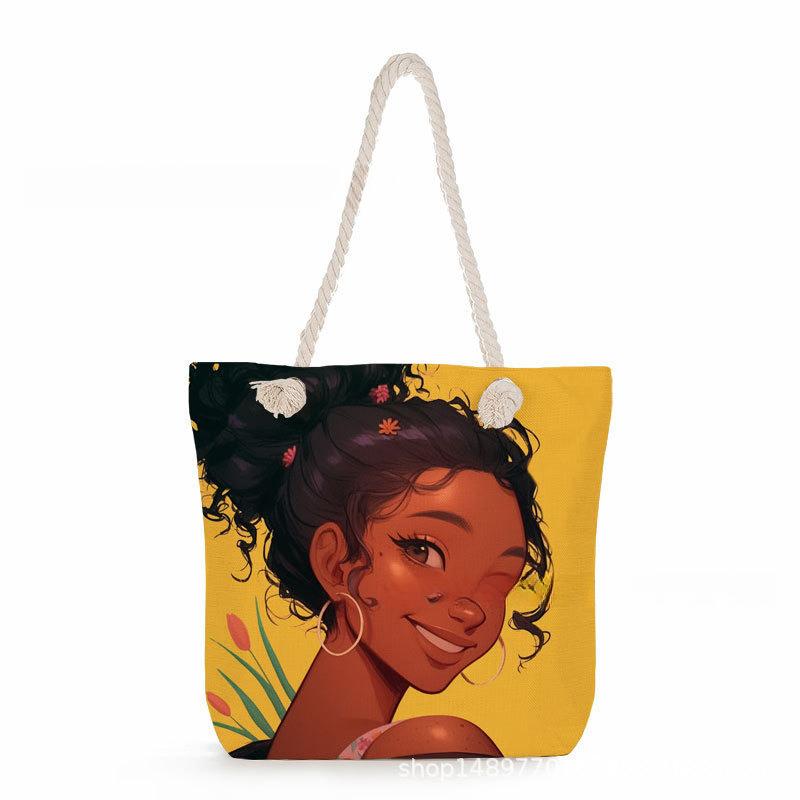 Multifunctional Black girl Printed Thick Rope Shoulder Beach Bag 7573 KTB
