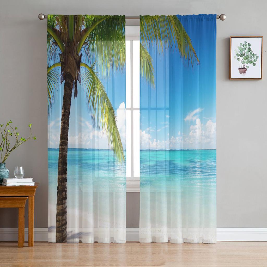 Beach Coconut Palm Tree Sheer Curtains for Living Room Decoration Window Curtains for Kitchen Tulle Voile Organza Curtains