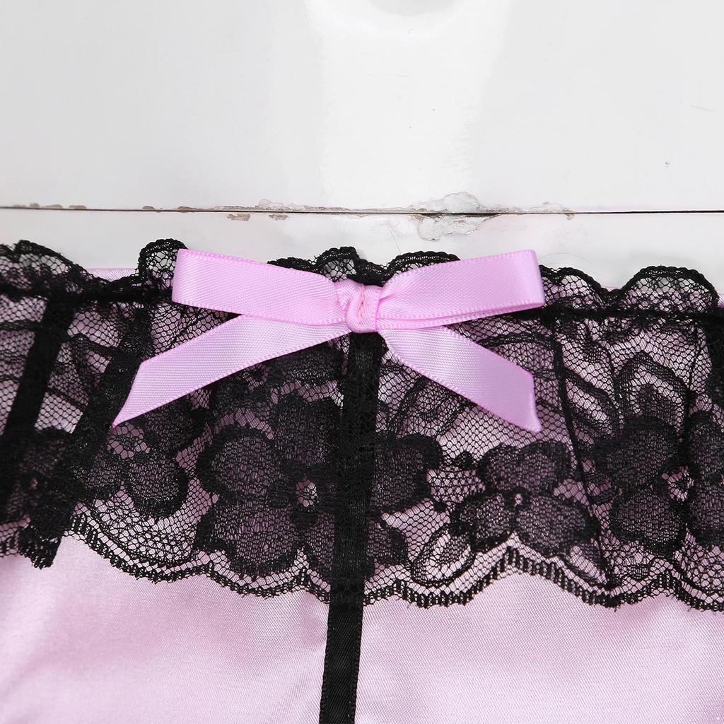 Mens Lace Trim Briefs Low Rise Satin Bowknot Underpants Crossdressing Nightwear