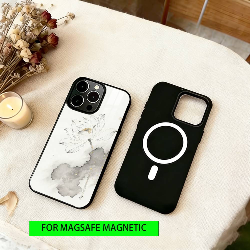 Китайский Чернильный Лотос Чехол для Телефона Для iPhone17,16,15,14,13,12,11 Plus,Pro Магнитный с Magsafe Беспроводной Зарядкой