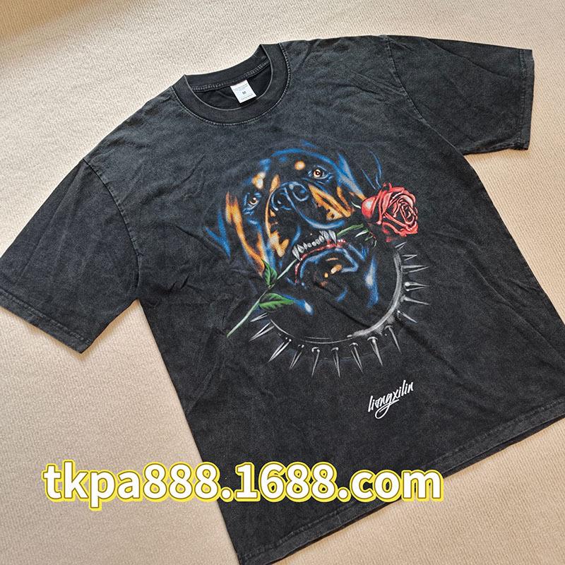 American Street T-Shirt Dog Head Rose Digital Direct Injection Printing Washing Water Cotton Short Sleeve T-Shirt Men