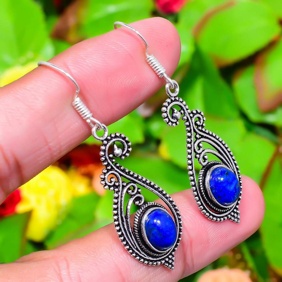 Natural Lapis Lazuli Gemstone 925 Sterling Silver Gift Earring 2.01" M6D56