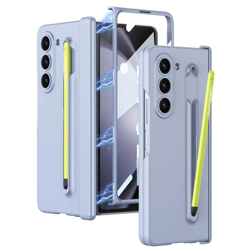 Приятный на ощупь матовый чехол для Samsung Galaxy Z Fold 5, магнитный складной шарнир с цветным гнездом для ручки, противоударный чехол из закаленной пленки