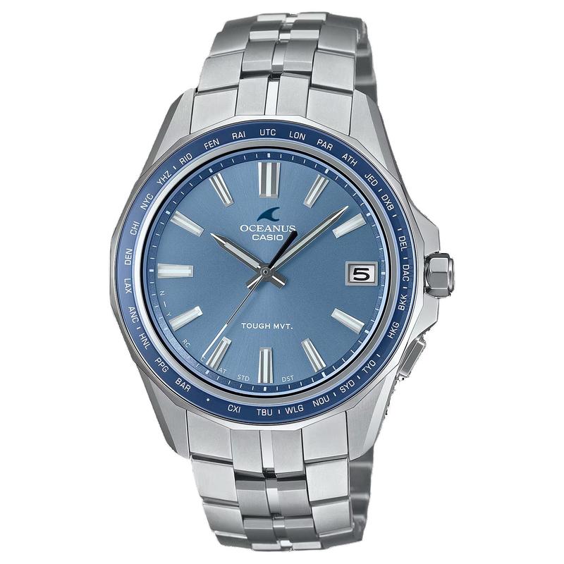 Casio Мужские часы с солнечным питанием, кварцевые, водонепроницаемые до 100 метров, металлический ремешок, синий циферблат OCW-S400SG-2AJR
