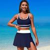 2Pcs/Set Women Tankini Set Low O-Neck Sleeve Tank Tops Tummy Control Side Split Skorts Set Patchwork Color Swimwear