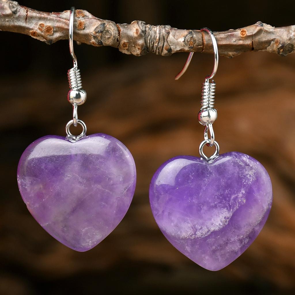 Bohemian Natural StoneTurquoise Amethyst Tiger Eye Heart Dangle Earrings Women's Popular Delicate Handmade Zircon