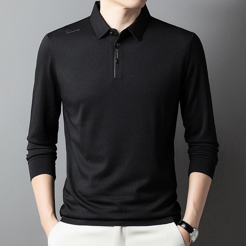 Холодный шелк прохладный длинный рукав рубашки поло мужская деловая повседневная трендовая рубашка с лацканами футболка мужская