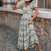 Summer Women's Dress V Neck Short-sleeved Long Dress Fashion Temperament Waisted Large Swing Dresses