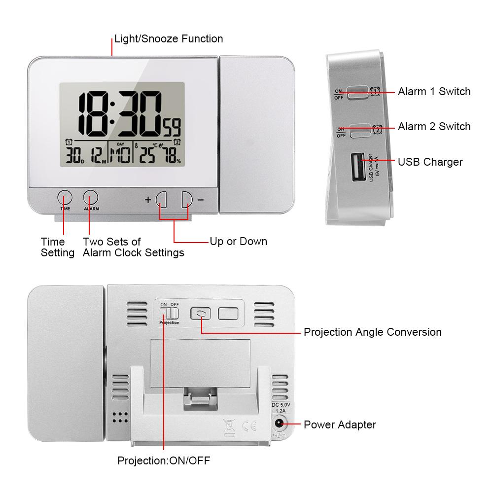 Desk Table Led Clock Projection Alarm Clock Indoor Temperature Humidity Multifunction Digital Date Snooze Function2