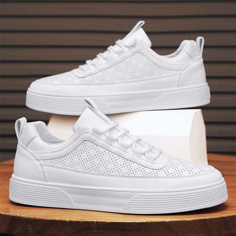 Leather Punching Breathable Little White Shoes Spring Youth Casual Versatile Sports Flat Baseplate Shoes 2024 New Men's Shoes