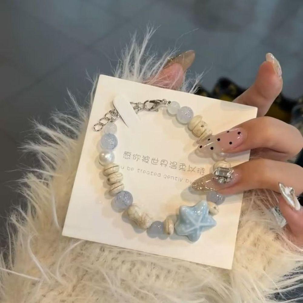 Y2K Colorful Beaded Bracelets Pink Blue Beaded Bangle Cute Starfish Bracelet Marine Accessories