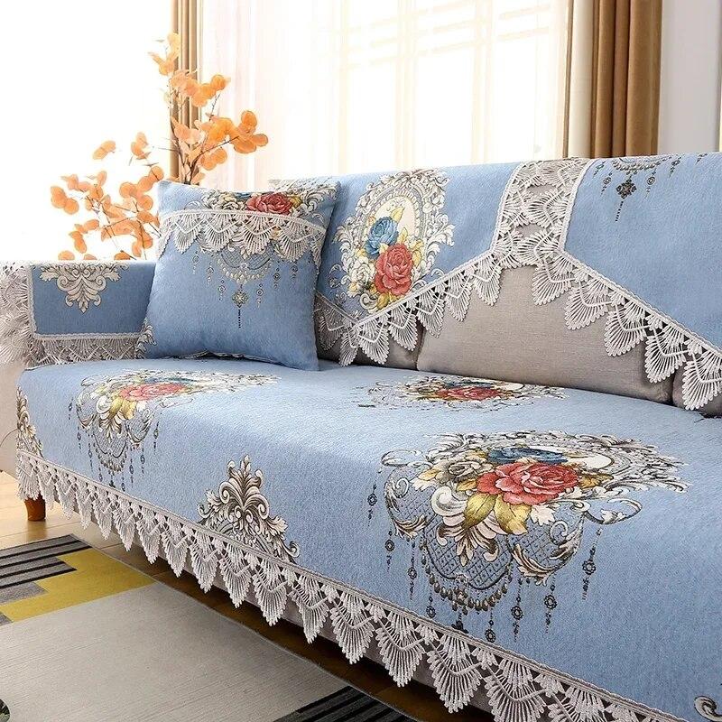 European Style Large Flower Sofa Mat Light Luxury Lace Edge Anti Slip Sofa Cover Four Seasons Universal Backrest Handkerchief