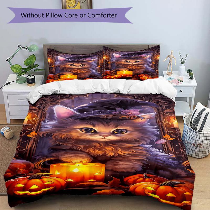 3pcs Witch Hat Kitty Art Duvet Cover Set -Includes 1 Duvet Cover and 2 Pillowcases, No Quilt Core, All-Season Home Decor yy251111119