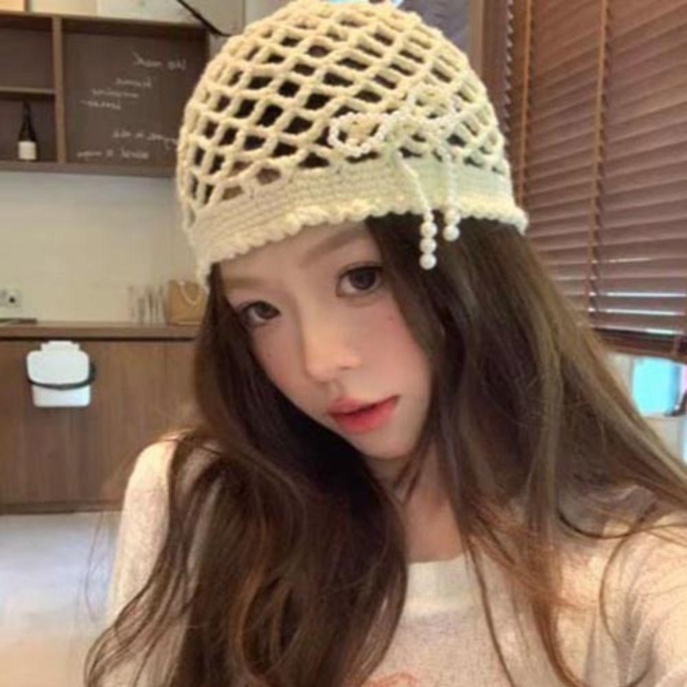 Weave Cap Tassel Pullover Hat Bohemian Korean Crochet Cap Vintage Hollow Knitted Beanies Hat  Women