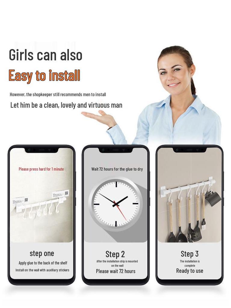 Punch-Free Wall-Mounted Kitchen Hooks - Multifunctional White Storage Shelf