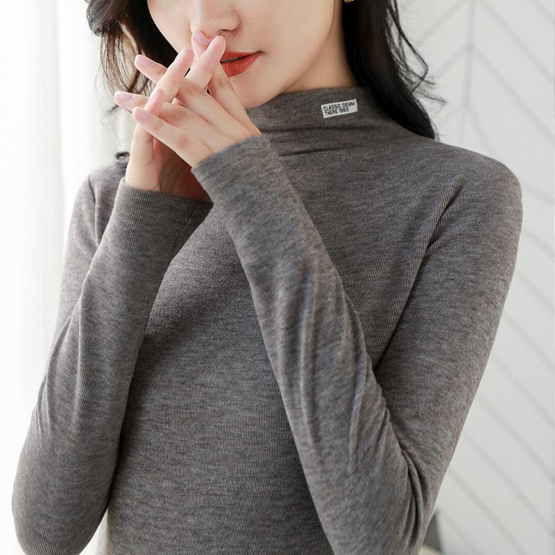 Cotton Harajuku Autumn Winter Turtleneck T Shirt Letter Print Full Sleeve Tops Fashion Casual Elegant Elastic Tees