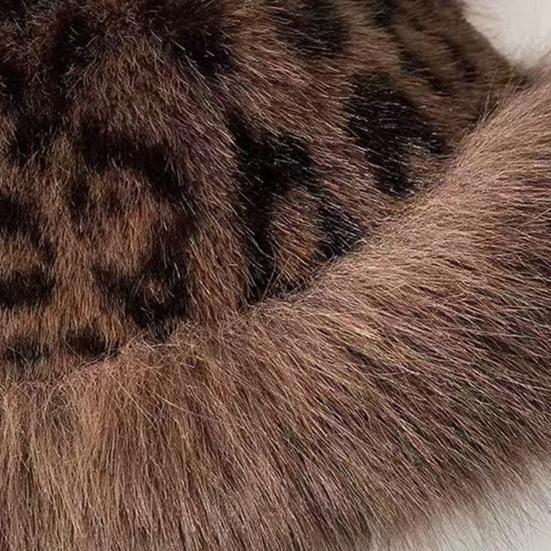 Winter Hat Retro Style Leopard Print Plush Trim Windproof Hat Bear Ear Decor Thickened Warm Women Hat