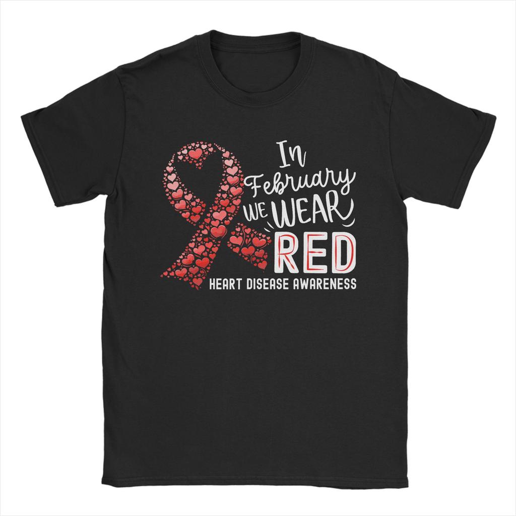 Унисекс Футболки 'В феврале мы носим красное' Лента awareness месяца сердечных заболеваний Чистый хлопок Отличная футболка с круглым вырезом
