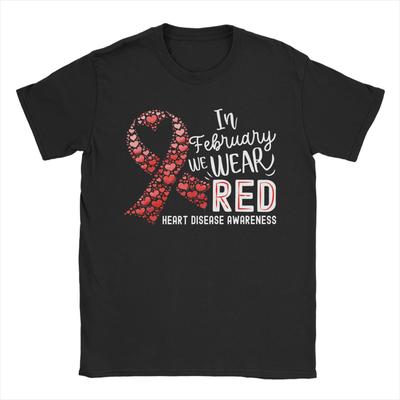 Унисекс Футболки 'В феврале мы носим красное' Лента awareness месяца сердечных заболеваний Чистый хлопок Отличная футболка с круглым вырезом