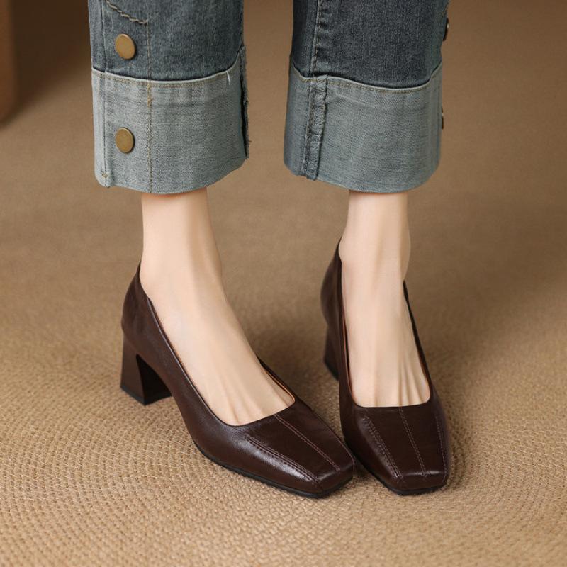 New Women's Fashion Single Shoes Square Head Cover Feet One Pedal Medium Heel Large Size Shoes Square Heel Casual Black Small Leather Shoes Women