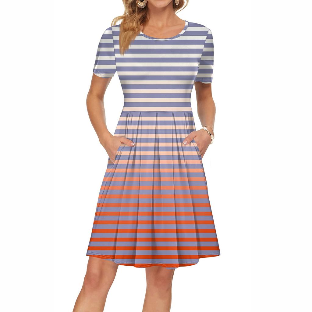 Женское платье с коротким рукавом, плиссированное, свободное, повседневное платье с карманами, платья длиной до колена