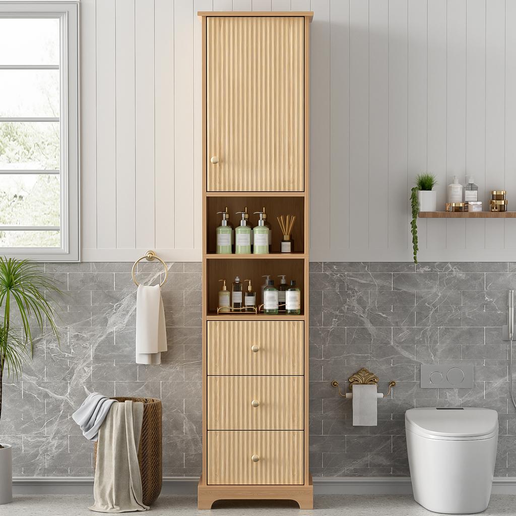 40x30x172cm Bathroom Cabinet, PVC Thermoformed Panel, Vertical Stripe, Three Drawers, One Body, Two Open, Adjustable Shelves, Natural Wood Color.