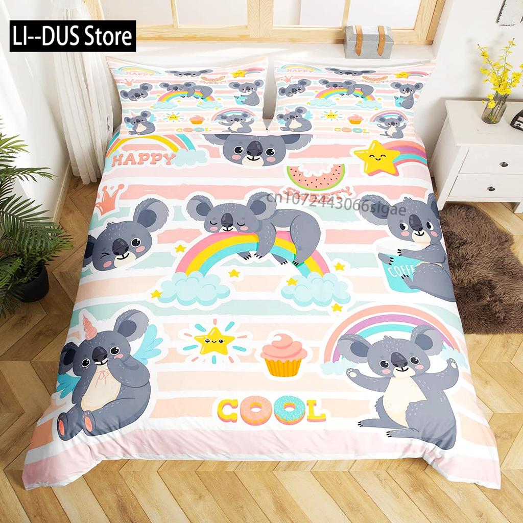 Kawaii Koala Bedding Set Full Size For Kids Boys GirlsCartoon Animal Comforter Set Quilt Duvet Green Leaves Bedroom Decor 3pcs