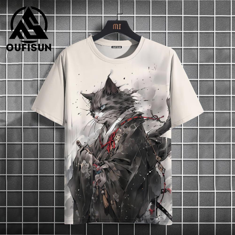 Men's Animal T-Shirt Japanese Samurai Cat Element Graphic 3D Print T-Shirt