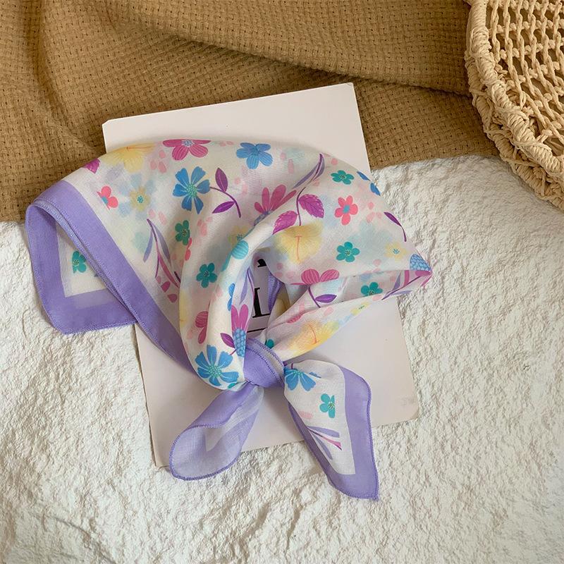 Neck Small Square Scarf Flower Literary Retro Scarf Headband Headscarf Silk Scarf High Sense Fashion Versatile Scarf Shawl