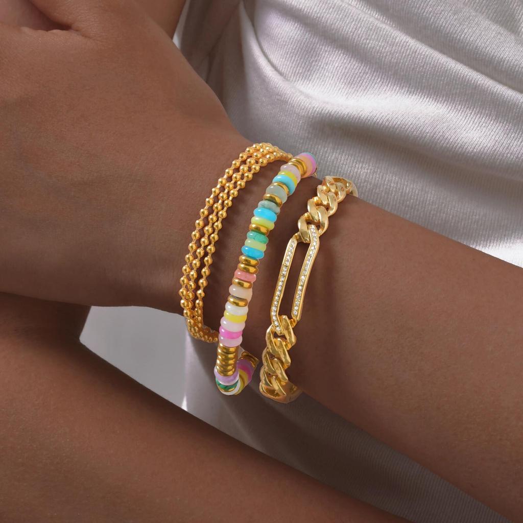 Waterproof Stainless Steel Bracelet, Gold Plated Layered Link Bangle for Women Handmade Wrist Jewely