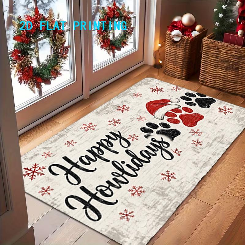 1pc, 2D Flat Printing, Christmas Paw Print Happy Holidays Festive Entrance Mat, Colorful And Non-Slip, Machine Washable Carpet, Suitable for Home Deco