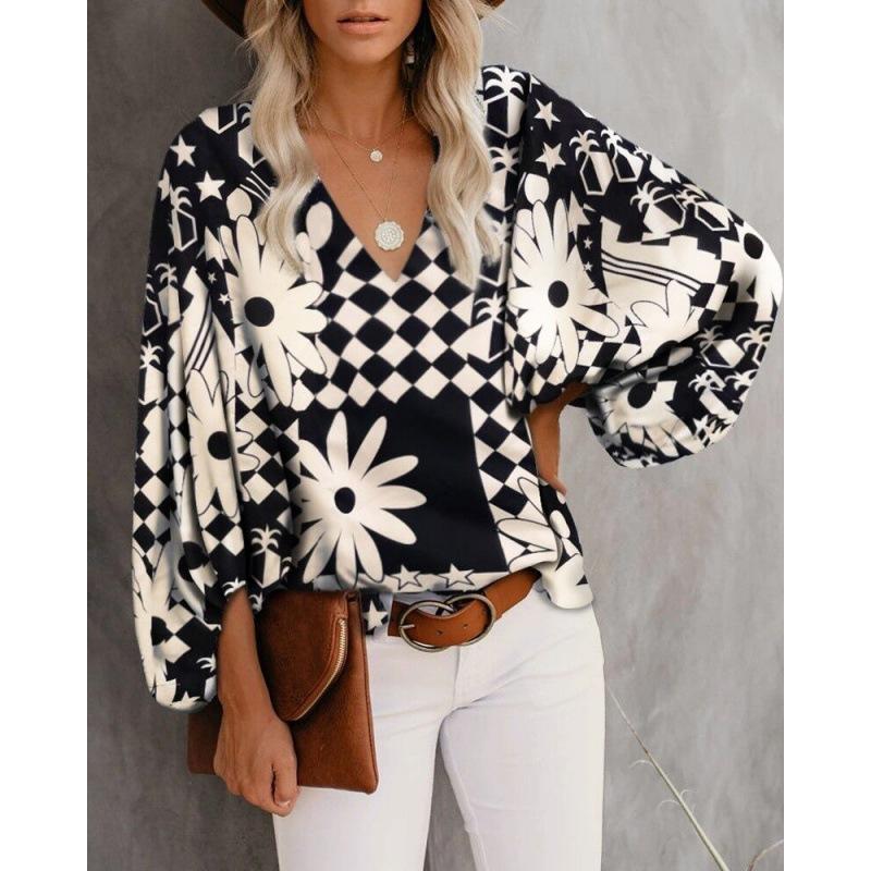 1116 European and American women's clothing summer new V-neck lantern sleeve top V-neck loose shirt women