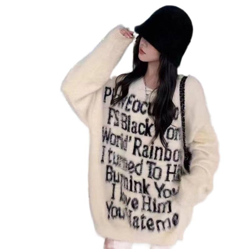 Trendy Mink Velvet Jacquard Knit Sweater - Round Neck, Long Sleeve, Loose Fit for Autumn/Winter