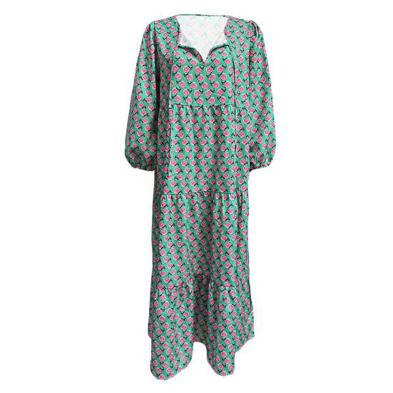 Женское платье в стиле бохо с V-образным вырезом, рукавами-фонариками, А-силуэтом, с плиссировкой и принтом, длиной до середины голени, пляжное платье для отдыха