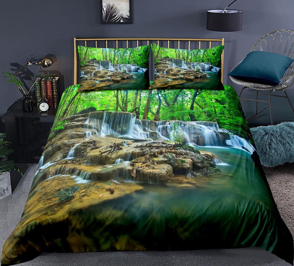 Комплект пододеяльников Nature Waterfall Flowing Down The Rocks Cascade Valley Image Декоративный комплект постельного белья из полиэстера с наволочкой