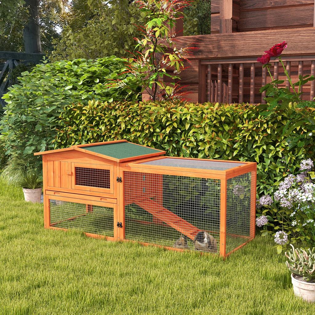 Rabbit Hutch With Run Wooden Guinea Pig Hutch Outdoor Bunny Cage Hide House With Sliding Tray Hay Rack Ramp 156 X 58 X 68cm Orange