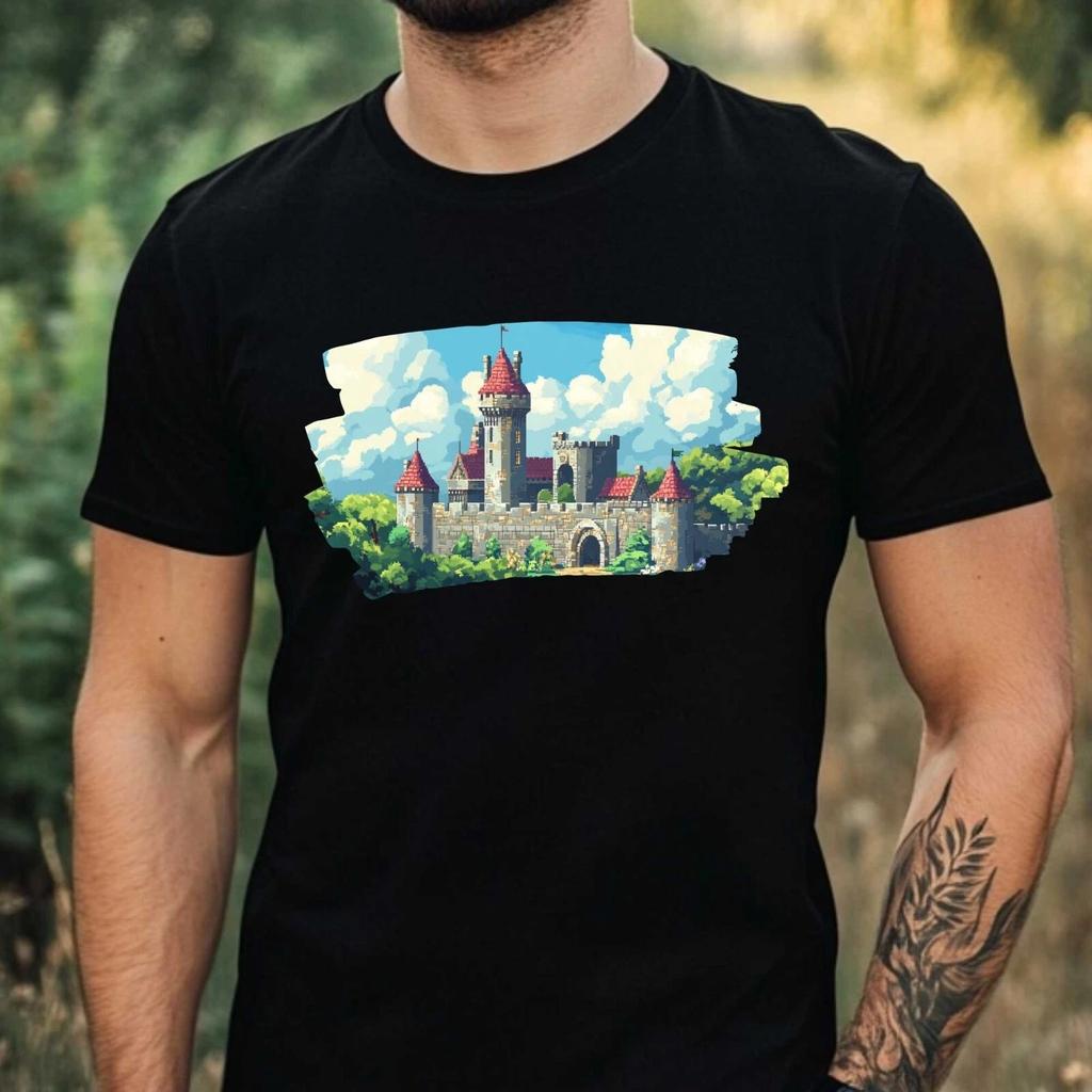 T-Shirt Herren Schloss Pixel Art Motiv Baumwolle Größe XS bis 5XL