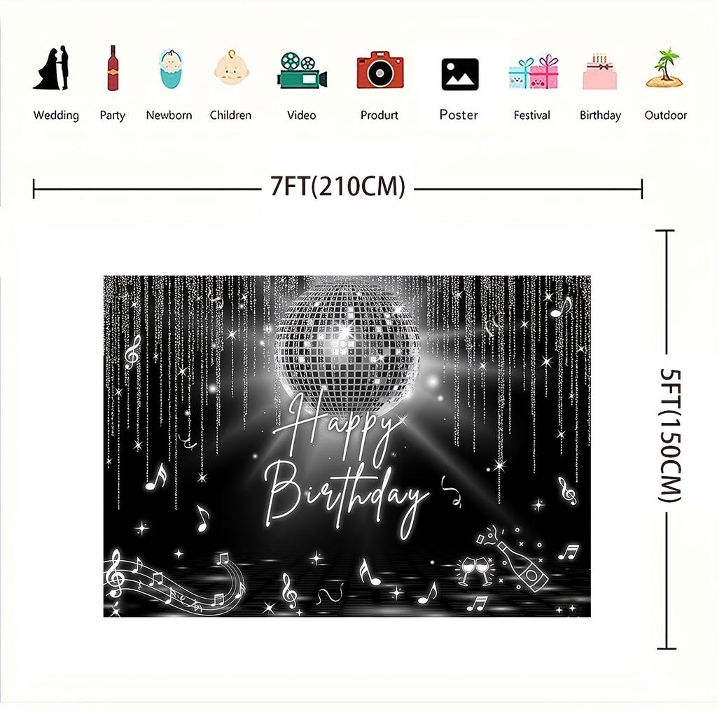 1PC, Film Disco Birthday Party Background Board, Sparkling Silver Disco Ball, Music Symbols and Speaker Design