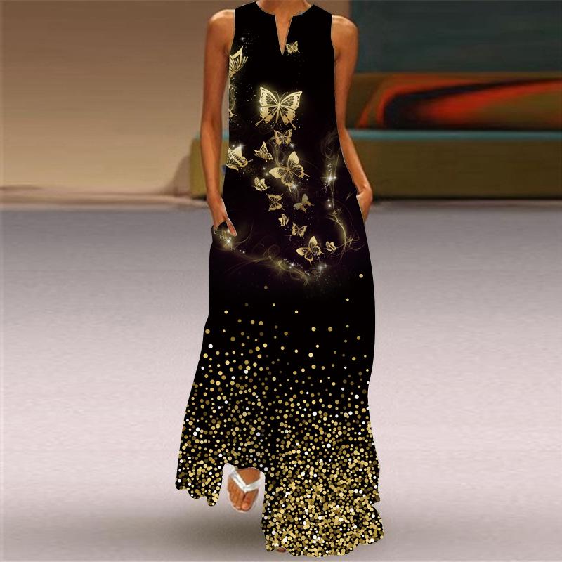 Летнее макси-платье в европейском и американском стиле с разноцветным V-образным вырезом 2024 года